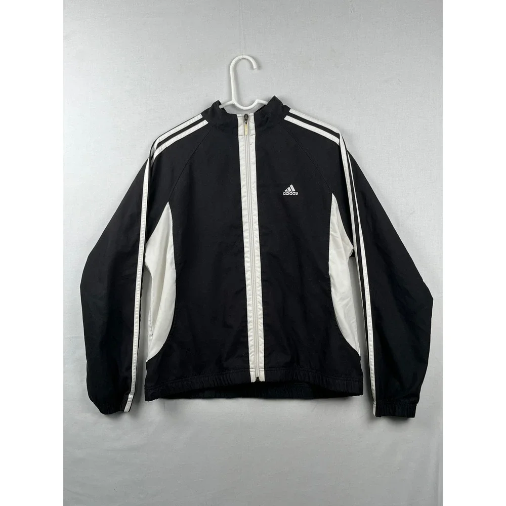 Adidas Track Jacket Womens XL Black White Full Zip 3-Stripe Lightweight Athletic